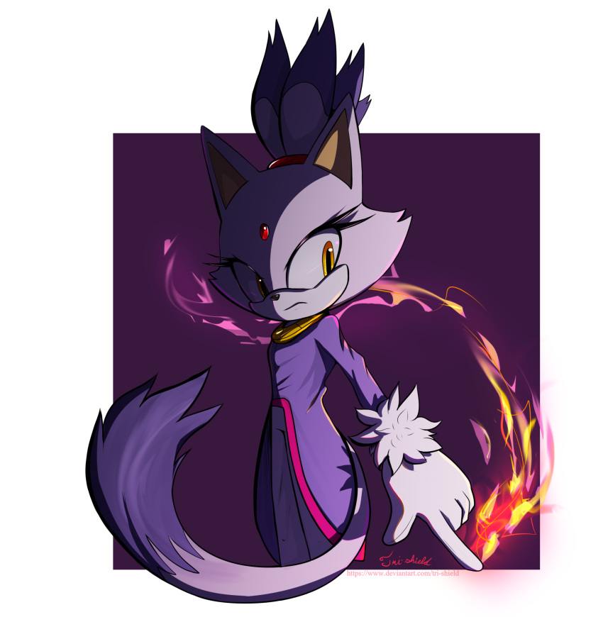 1girl animal_ears blaze_the_cat cat_ears cat_girl cat_tail eyelashes fire forehead_jewel fur-trimmed_gloves fur_trim furry furry_female gloves gold_necklace highres jacket jewelry necklace purple_fur purple_jacket sonic_(series) tail topknot tri-chiy white_gloves yellow_eyes