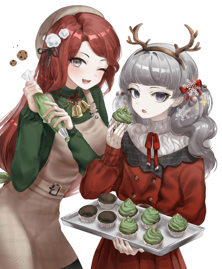 1girl 1other abella_(fear_&amp;_hunger) antlers christmas deer_antlers fear_&amp;_hunger food grey_eyes grey_hair hat highres holding holding_tray lilio long_hair looking_at_viewer marina_(fear_&amp;_hunger) mole mole_under_mouth mouth_piercing muffin one_eye_closed redhead tray white_background