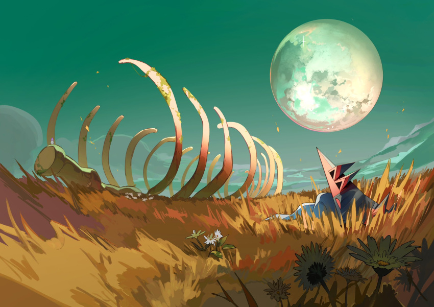 bone closed_eyes commentary dragapult flower grass highres litwick lying moon night no_humans on_side outdoors pokemon pokemon_(creature) ribs sky sleeping symbol-only_commentary two_pokemon
