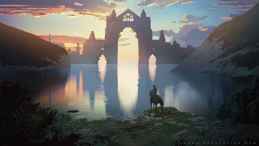 1other ambiguous_gender arch blue_sky clouds commentary english_commentary evening gate gradient_sky horizon horse horseback_riding lake landscape original outdoors reflection reflective_water riding scenery sky solo sylvain_sarrailh very_wide_shot water