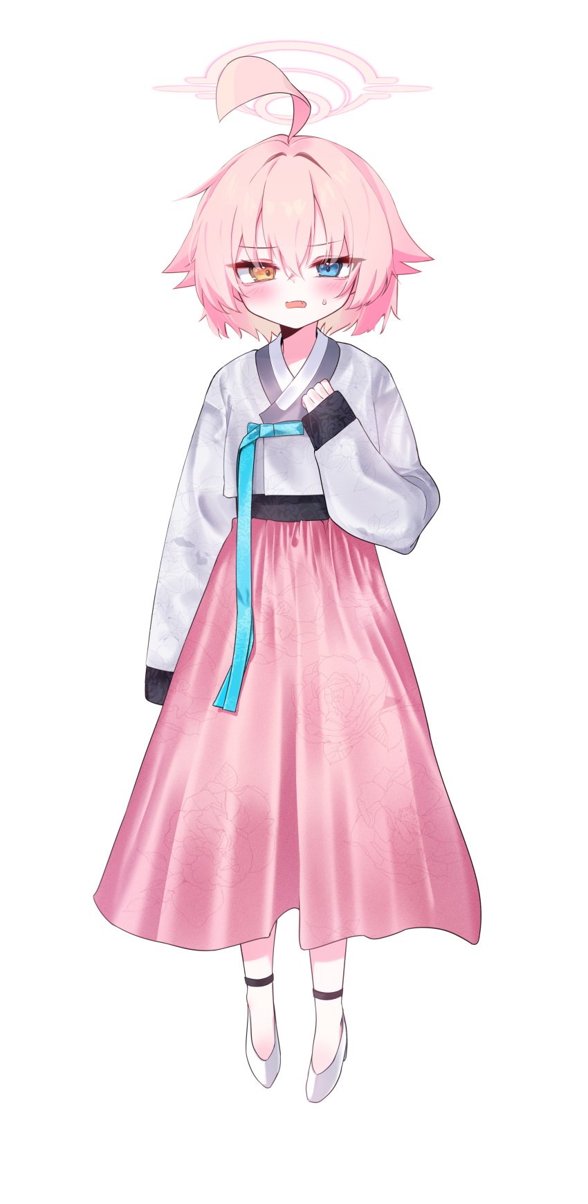 1girl absurdres ahoge alternate_costume blue_archive blue_eyes blush dolce_latte1 full_body hair_between_eyes halo hanbok heterochromia highres hoshino_(blue_archive) hoshino_(young)_(blue_archive) jeogori_(clothes) korean_clothes long_sleeves open_mouth pink_hair pink_halo shoes short_hair simple_background solo white_background white_footwear yellow_eyes