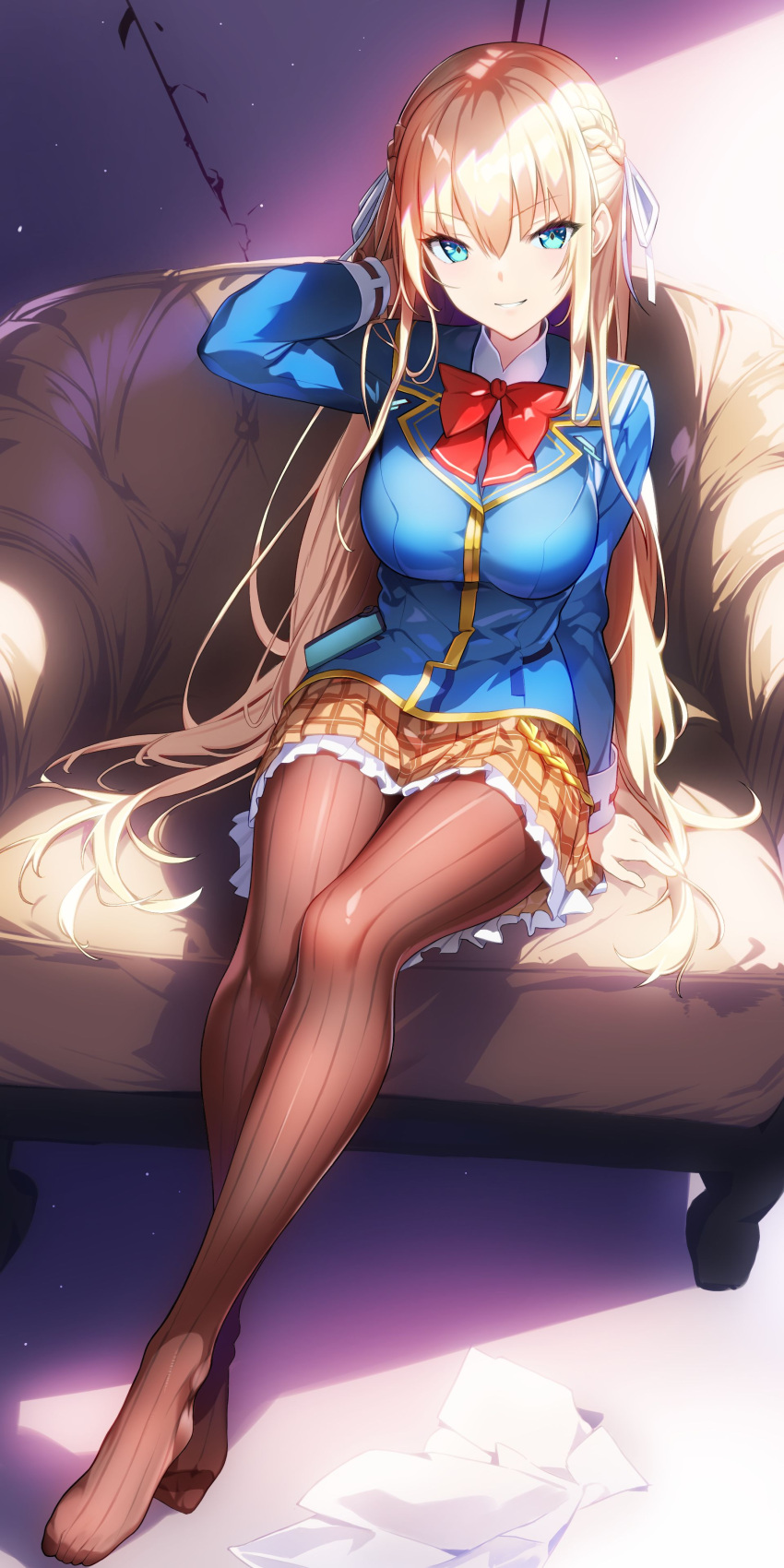 1girl absurdres arm_at_side blonde_hair blue_eyes blue_jacket bow braid breasts brown_pantyhose commentary_request couch curvy diamond-shaped_pupils diamond_(shape) eyelashes eyes_visible_through_hair french_braid frilled_skirt frills full_body hair_between_eyes hair_ribbon hair_spread_out hair_tucking hand_up heaven_burns_red highres indoors jacket large_breasts legs_together light_blush long_hair long_sleeves looking_at_viewer miniskirt netarou_(shinra) no_shoes on_couch pantyhose parted_lips plaid plaid_skirt pleated_skirt red_bow ribbon school_uniform sidelighting sitting skirt smile solo straight_hair striped striped_pantyhose symbol-shaped_pupils toujou_tsukasa tsurime v-shaped_eyebrows vertical-striped_pantyhose vertical_stripes very_long_hair white_ribbon
