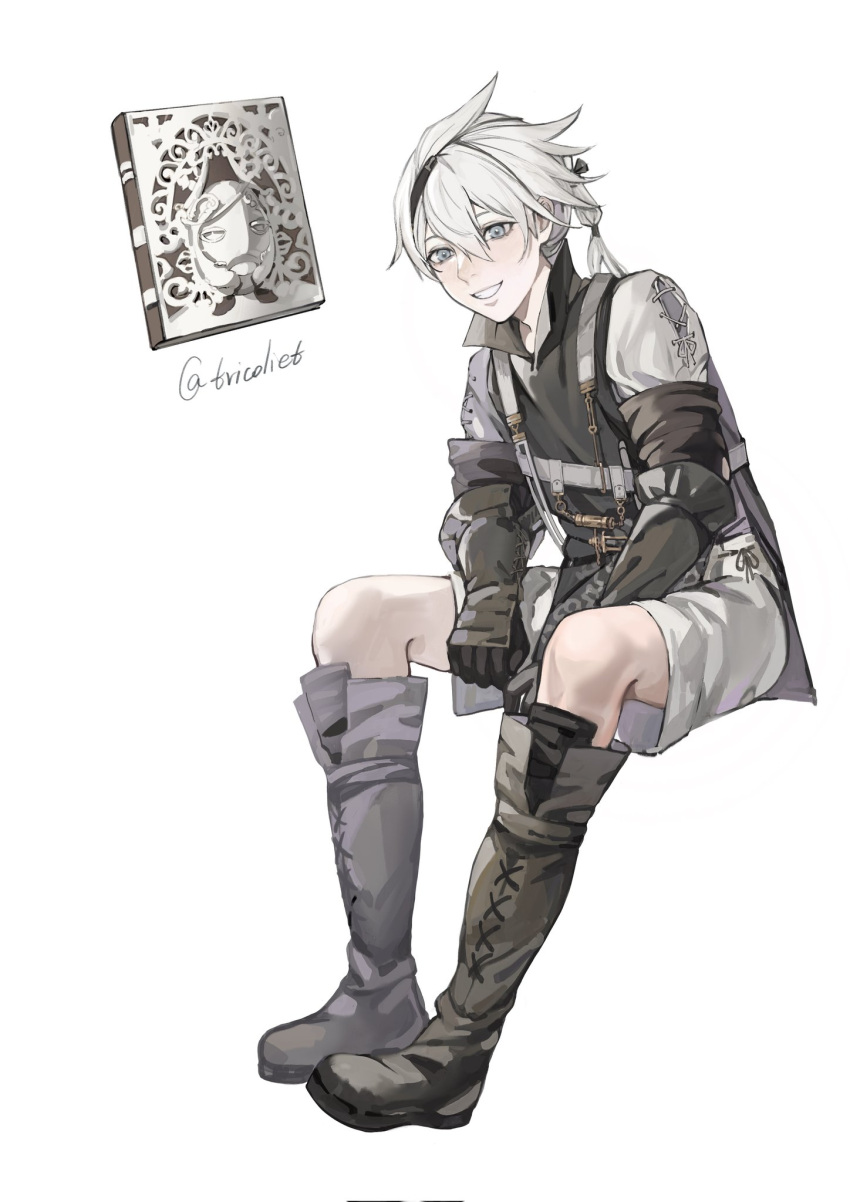 2boys artist_name black_gloves blue_eyes book boots commentary_request floating floating_book floating_object gloves grimoire_weiss hair_between_eyes highres invisible_chair knee_boots looking_at_viewer multiple_boys nier nier_(series) nier_(young) short_hair shorts simple_background sitting smile teeth tricoliet twitter_username white_background white_hair white_shorts