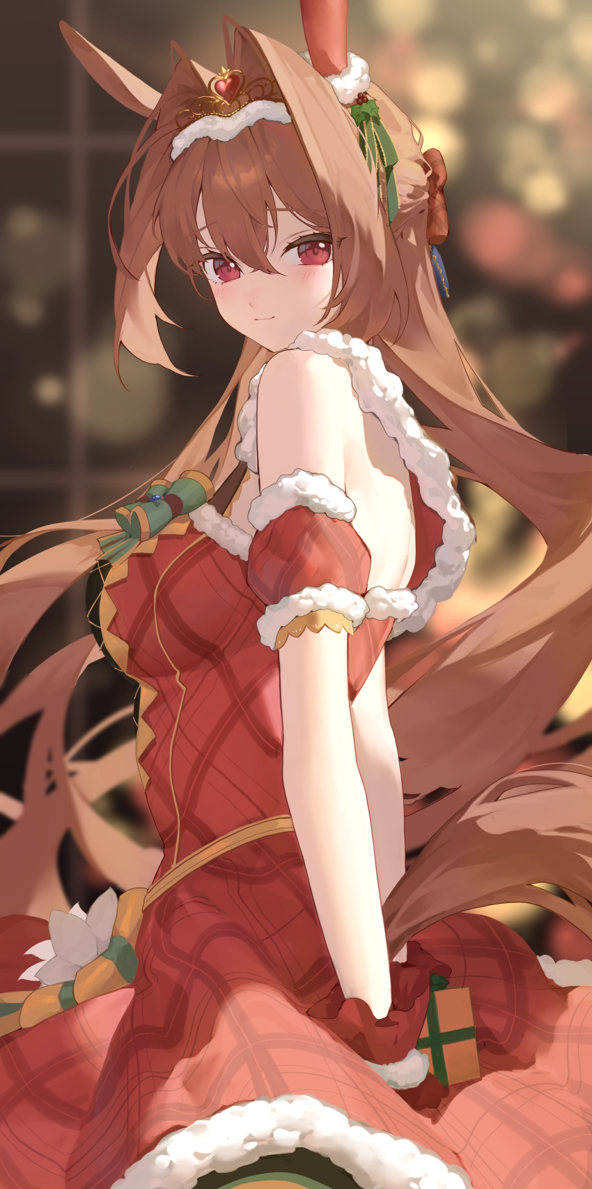 1girl absurdres animal_ears arms_behind_back bare_shoulders blurry blurry_background blush bow box breasts brown_hair christmas christmas_tree closed_mouth daiwa_scarlet_(scarlet_nuit_etoile)_(umamusume) daiwa_scarlet_(umamusume) dress dress_bow ear_covers from_side fur-trimmed_dress fur-trimmed_gloves fur_trim gift gift_box gloves hair_between_eyes hair_bow hair_down hair_intakes highres holding holding_box horse_ears horse_girl horse_tail iwashi_111 large_breasts long_hair looking_at_viewer mistletoe_hair_ornament official_alternate_costume official_alternate_hairstyle plaid plaid_dress plaid_sleeves red_dress red_eyes red_gloves santa_dress single_ear_cover smile solo tail tiara umamusume very_long_hair