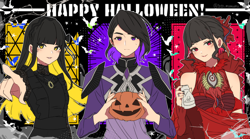 1010_mumumu 1boy 2girls aguilera_(kamen_rider_revice) bare_shoulders black_hair black_nails blunt_bangs carmeara crossover english_text hair_ornament happy_halloween highres hime_cut holding jewelry kamen_rider kamen_rider_revice kikai_sentai_zenkaiger looking_at_viewer multicolored_hair multiple_girls necklace pointing purple_nails red_sleeves smile stacey_(zenkaiger) super_sentai tokusatsu twitter_username two-tone_hair ultraman_trigger_(series) upper_body violet_eyes wide_sleeves yellow_eyes