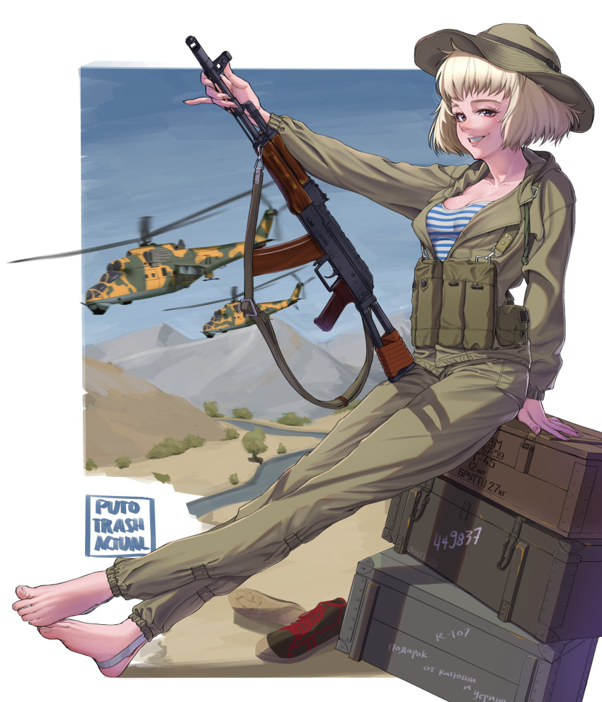 1girl absurdres aircraft ak-74 assault_rifle barefoot blonde_hair breasts camouflage feet green_jacket green_pants gun helicopter highres jacket kalashnikov_rifle mi-24 military_uniform open_clothes open_jacket original pants puto_trash rifle shirt shoes smile solo soviet_army striped striped_shirt telnyashka toes uniform unworn_shoes war_in_afghanistan weapon