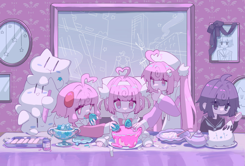4girls @_@ absurdres ahoge apron black_eyes black_hair black_sailor_collar black_serafuku blunt_bangs blunt_ends bow bowtie cake candy commentary_request creature detached_sleeves eating expressionless food food_on_face fork fruit grabbing hair_intakes hairband hat highres holding holding_food holding_fork hood hood_down hoodie indie_virtual_youtuber indoors jacktaro licking licking_finger long_sleeves long_table momone_chinoi multiple_girls multiple_persona neckerchief nurse_cap painting_(object) partially_colored pink_bow pink_bowtie pink_eyes pink_hair pink_hoodie portrait_(object) sailor_collar school_uniform serafuku short_hair sitting stack standing strawberry table teapot text_hair_ornament twintails two_side_up virtual_youtuber wafer wallpaper_(object) white_apron white_hairband white_neckerchief white_sleeves