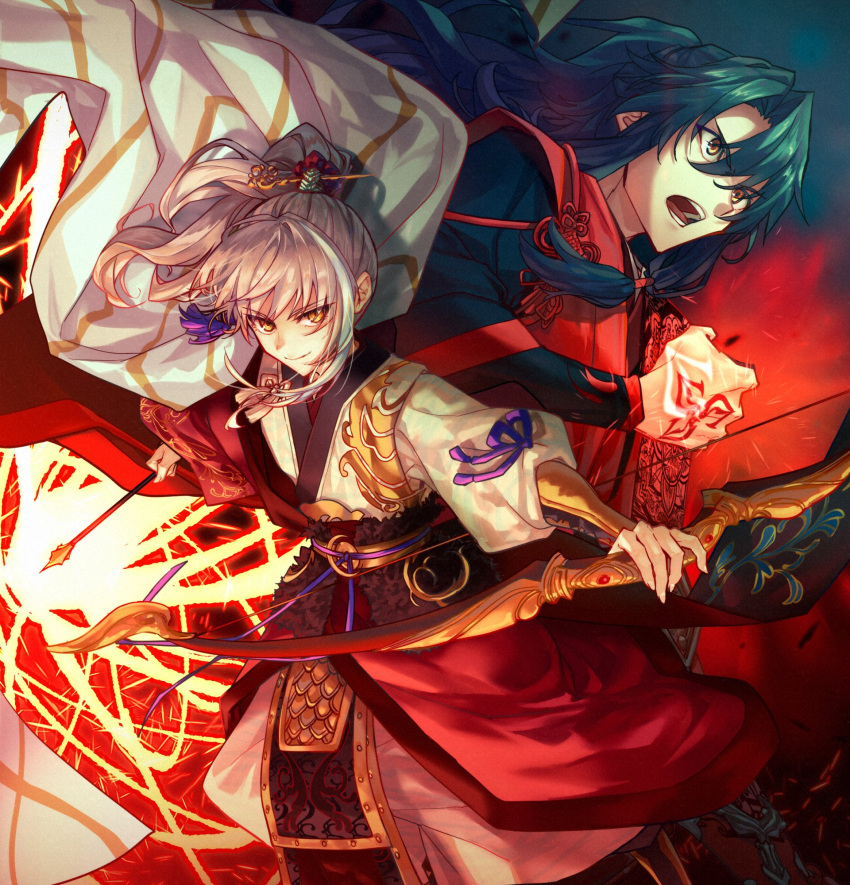 2boys archer_(fate/samurai_remnant) arm_guards arrow_(projectile) blonde_hair bow_(weapon) chinese_clothes chinese_hairpin command_spell fate/samurai_remnant fate_(series) green_hair hair_ornament hanfu high_ponytail highres holding holding_arrow holding_bow_(weapon) holding_weapon kuroaki low-tied_sidelocks multicolored_hair multiple_boys parted_bangs streaked_hair tassel tassel_hair_ornament weapon xiao_guan_(headdress) yellow_eyes zheng_chenggong_(fate)