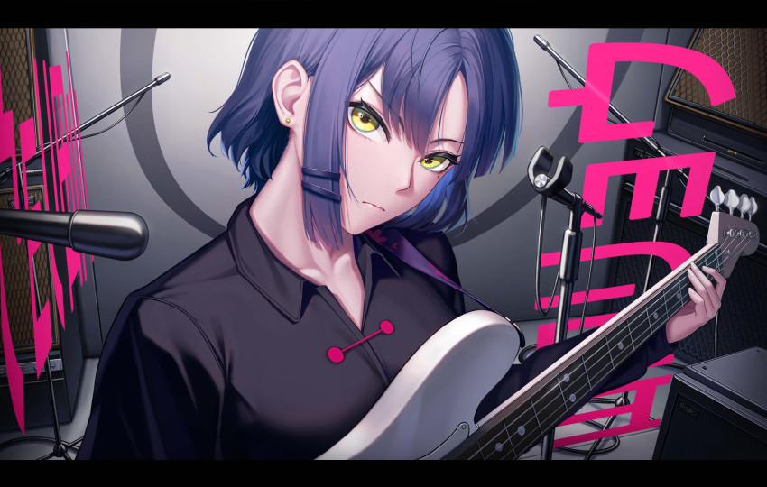 1girl 3v_ju absurdres blue_hair blue_skirt bocchi_the_rock! closed_mouth cowboy_shot electric_guitar expressionless guitar highres holding holding_instrument instrument long_sleeves microphone_stand shirt short_hair skirt solo upper_body yamada_ryo yellow_eyes