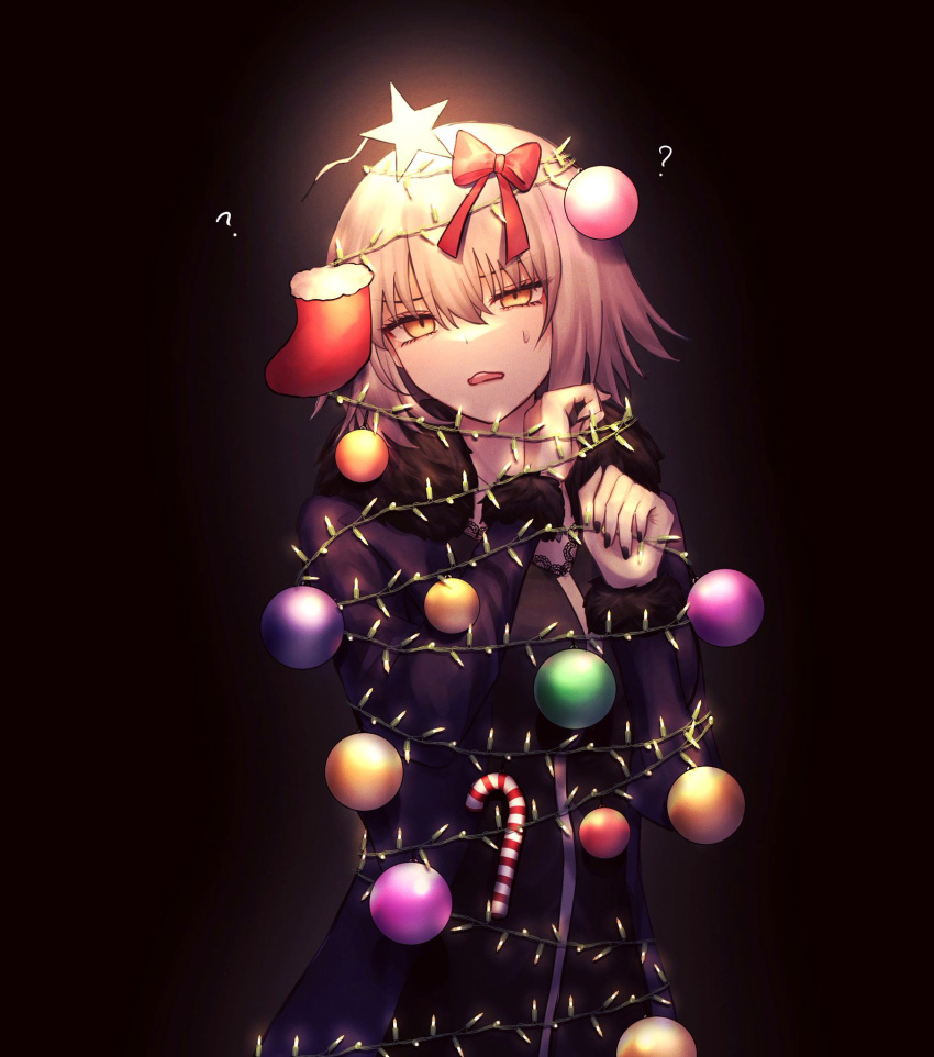 1girl ? ahoge black_background black_coat black_dress candy candy_cane christmas_ornaments coat commentary_request dress fate/grand_order fate_(series) food fur-trimmed_coat fur-trimmed_sleeves fur_trim grey_hair hair_ribbon half-closed_eyes highres jeanne_d'arc_alter_(fate) jeanne_d'arc_alter_(ver._shinjuku_1999)_(fate) long_sleeves open_clothes open_coat red_ribbon ribbon roro_982 short_hair solo star_(symbol) sweatdrop yellow_eyes