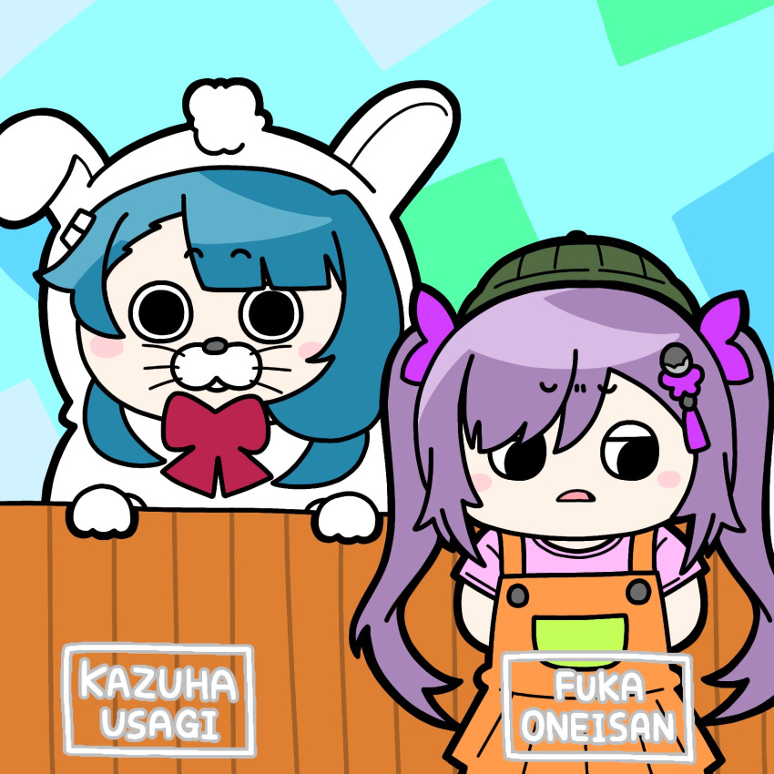 2girls aizawa_kazuha animal_costume animal_ears animal_hood aqua_background arms_behind_back assault_lily asymmetrical_hair blue_background blue_hair blunt_bangs blush bow bowtie character_name chibi commentary fake_animal_ears fence gloves green_background green_headwear grey_background hair_between_eyes hair_ornament hands_up hat highres hood hood_up konpeitoull_(c12h22o11_tr_6) looking_at_viewer looking_to_the_side matsumura_fuuka medium_hair multicolored_background multiple_girls orange_overalls overall_skirt overalls parody_request parted_lips pink_shirt purple_hair purple_ribbon rabbit_costume rabbit_ears red_bow red_bowtie ribbon shirt short_sleeves sideways_glance solid_circle_eyes standing tassel tassel_hair_ornament twintails v-shaped_eyebrows wooden_fence