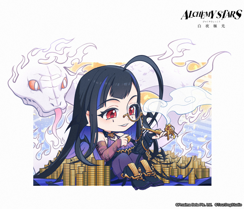 1girl ahoge alchemy_stars asymmetrical_sleeves black_footwear black_hair chibi coin colored_sclera detached_sleeves dragon_ornament dress fire highres holding holding_coin holding_smoking_pipe knees_up long_hair looking_at_object monocle multicolored_hair official_art orange_sclera purple_dress red_eyes second-party_source sheol_(alchemy_stars) sitting sleeveless sleeveless_dress slit_pupils smile smoke smoking_pipe snake solo stack_of_coins two-tone_hair very_long_hair white_fire white_snake
