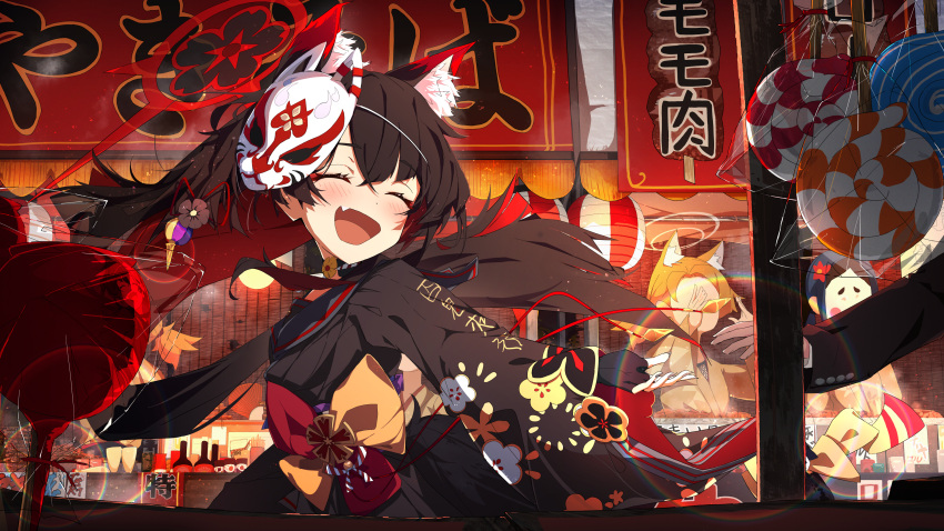 1other 4girls absurdres animal_ear_fluff animal_ears black_hair black_kimono blue_archive colored_inner_hair fang festival floral_print fox_ears fox_mask hair_between_eyes highres japanese_clothes kimono long_hair long_sleeves mask mask_on_head multicolored_hair multiple_girls print_kimono redhead skin_fang smile spice_mega wakamo_(blue_archive) wide_sleeves
