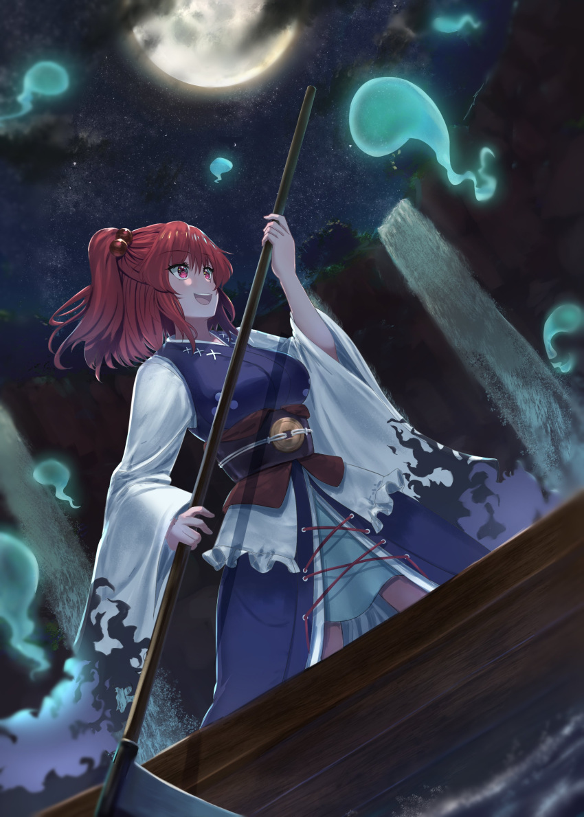 1girl absurdres aircraft airplane alternate_costume blue_dress breasts brown_sash clouds dark_clouds dress dutch_angle flying_boat full_moon highres holding holding_scythe japanese_clothes layered_dress luke_(kyeftss) moon night onozuka_komachi open_mouth outdoors print_sleeves red_eyes redhead scythe smile solo touhou touhou_gensou_eclipse water waterfall white_sleeves wide_sleeves
