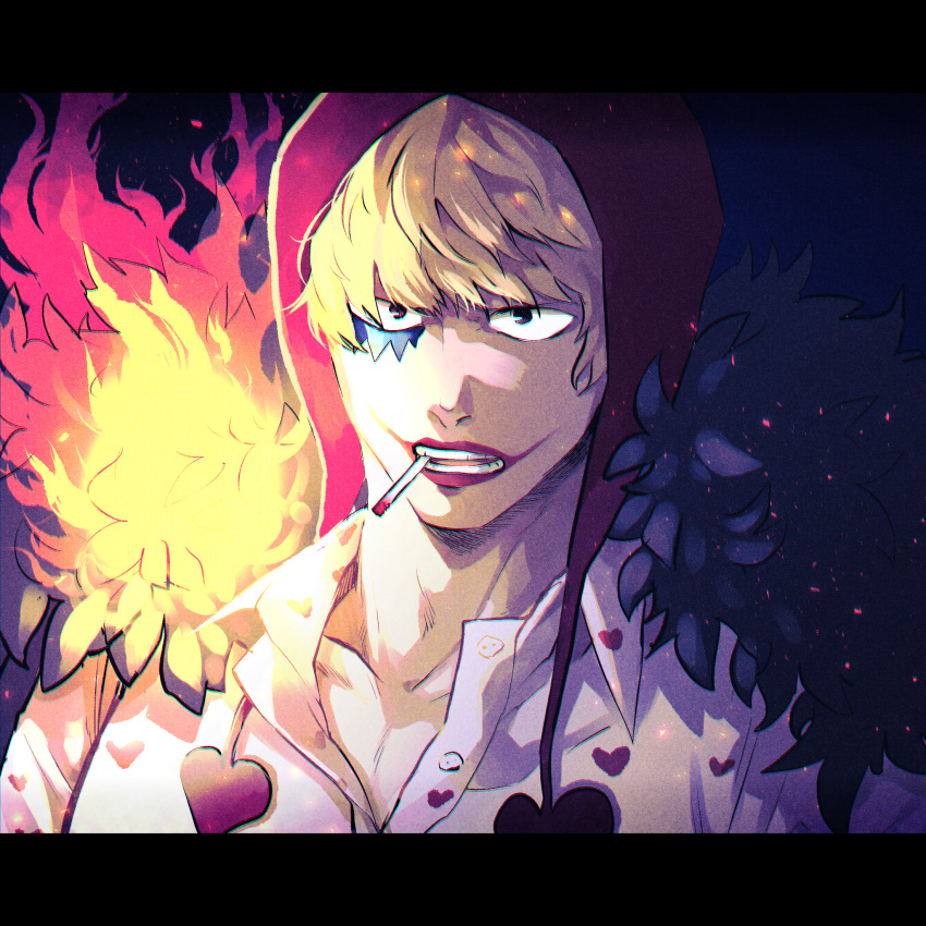 1boy amane_(yukiango69) black_eyes blonde_hair buttons cigarette collarbone donquixote_rocinante embers facepaint feather_boa fire highres letterboxed lipstick looking_ahead makeup male_focus one_piece red_headwear shirt short_hair solo white_shirt