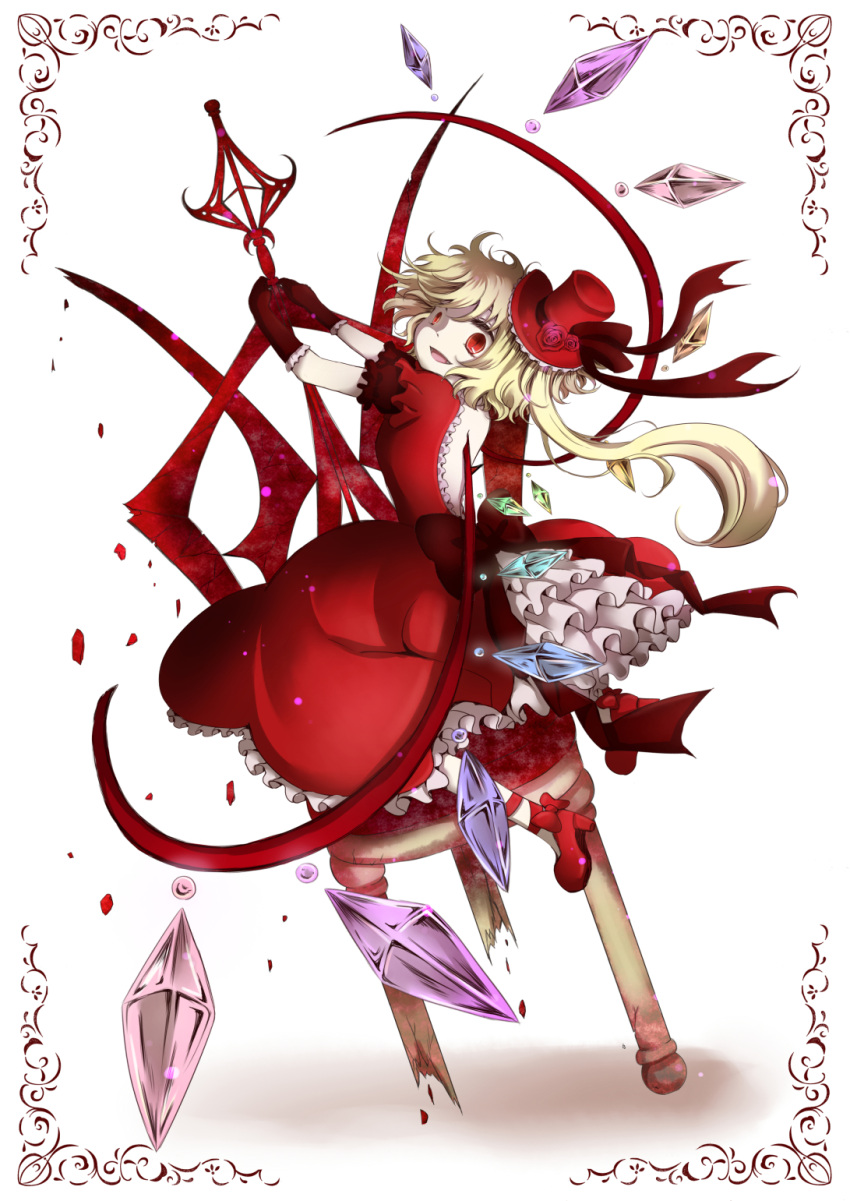 1girl alternate_costume backless_dress backless_outfit blonde_hair broken chair crystal dress flandre_scarlet flower frilled_dress frilled_sleeves frills from_behind full_body gloves hat hat_flower hat_ribbon high_heels highres long_hair looking_at_viewer looking_back multicolored_wings one_side_up open_mouth petticoat puffy_short_sleeves puffy_sleeves red_dress red_eyes red_flower red_footwear red_gloves red_headwear red_ribbon red_rose ribbon rose short_sleeves solo top_hat touhou wings wooden_chair yamineko_(evergrace)