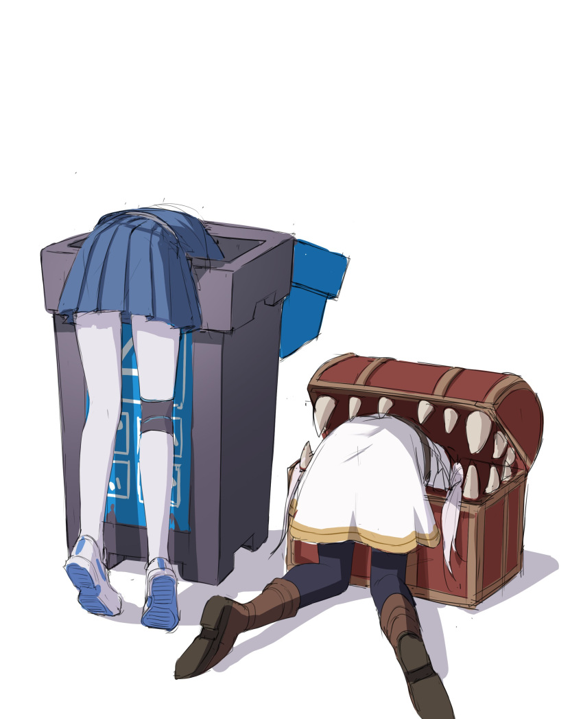 2girls absurdres black_pantyhose blue_archive blue_skirt boots brown_footwear crossover dorok dress frieren grey_hair highres long_hair mimic mimic_chest miyu_(blue_archive) multiple_girls pantyhose pleated_skirt sharp_teeth shoes simple_background skirt sneakers sousou_no_frieren stuck teeth trash_can twintails white_background white_dress white_footwear white_pantyhose