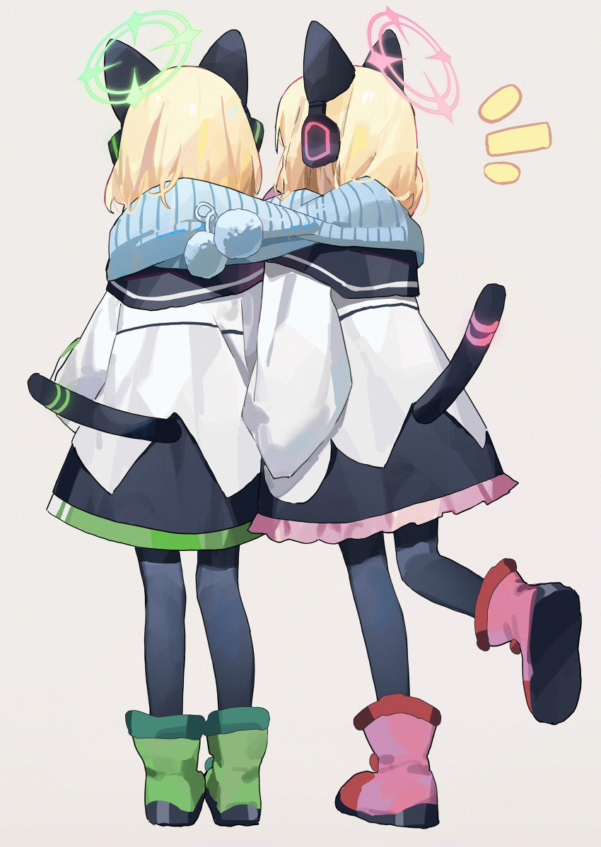 2girls absurdres black_pantyhose black_skirt blonde_hair blue_archive boots commentary from_behind full_body green_halo halo highres jacket long_sleeves measho midori_(blue_archive) momoi_(blue_archive) multiple_girls pantyhose pink_halo scarf shared_clothes shared_scarf short_hair siblings sisters skirt symbol-only_commentary twins white_jacket