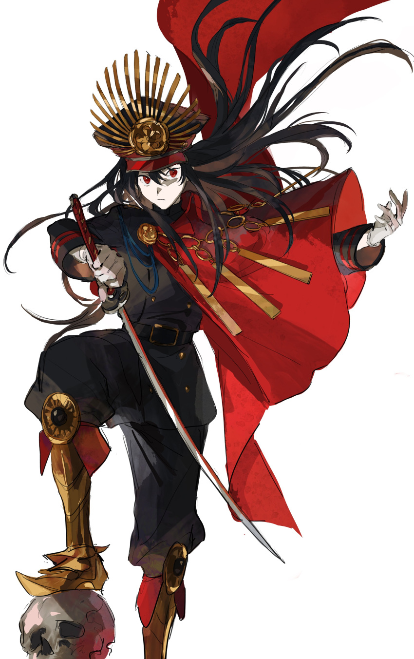 1girl absurdres black_hair black_jacket black_pants cape expressionless family_crest fate/grand_order fate_(series) floating_cape floating_hair gloves hat highres holding holding_sword holding_weapon jacket katana koha-ace long_hair looking_at_viewer military_hat mimulishizi oda_nobunaga_(fate) oda_nobunaga_(koha-ace) oda_uri pants peaked_cap red_cape red_eyes simple_background solo standing sword uniform weapon white_background white_gloves