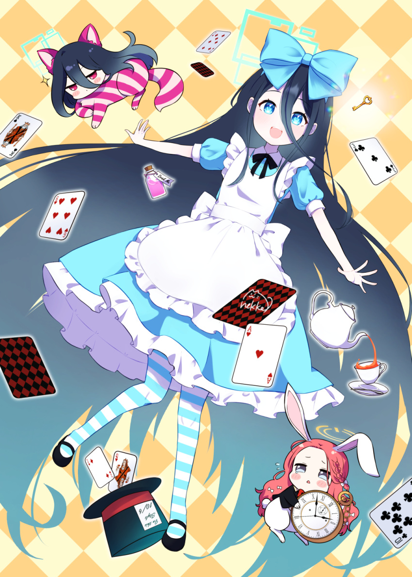 &lt;key&gt;_(blue_archive) 3girls absurdly_long_hair alice_(alice_in_wonderland) alice_(alice_in_wonderland)_(cosplay) alice_in_wonderland animal_ears apron argyle argyle_background aris_(blue_archive) black_footwear black_hair blue_archive blue_dress blue_eyes blush card clock cosplay dress frilled_apron frilled_dress frills green_halo halo hat highres key long_hair multiple_girls nekko725 open_mouth pantyhose rabbit_ears red_eyes redhead shoes short_sleeves smile striped striped_pantyhose top_hat very_long_hair white_apron white_rabbit_(alice_in_wonderland) yellow_halo yuzu_(blue_archive)