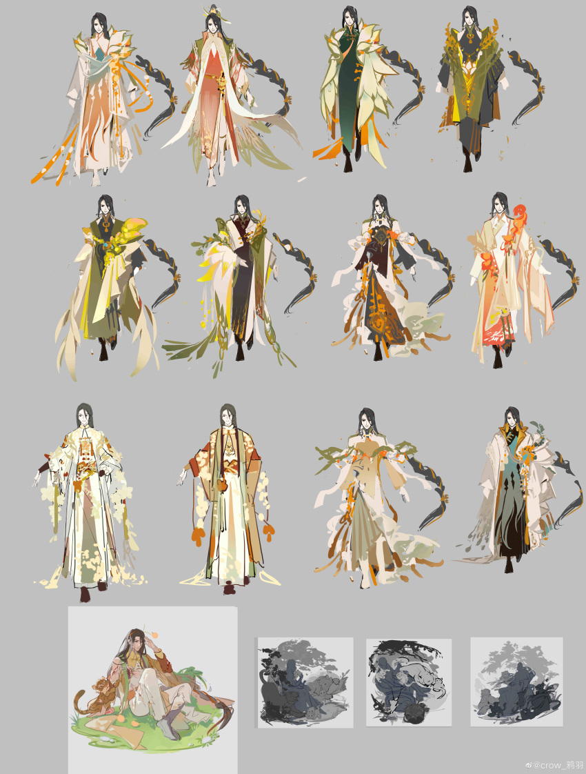 1boy absurdres alternate_costume animal_print aqua_robe autumn_leaves black_eyes black_footwear black_hair blood boots braid cape chinese_clothes closed_mouth crow_yayu curtained_hair cuts dropping flower_trim food fruit full_body gradient_clothes grass green_robe grey_background hair_between_eyes hairband hanfu highres incredibly_absurdres injury jacket layered_sleeves leaf_print long_hair long_sleeves low-braided_long_hair male_focus mole mole_under_eye mole_under_mouth multiple_moles official_art on_grass orange_hairband orange_robe orange_sash pants parted_bangs plant red_robe reference_sheet robe rock sash see-through see-through_cape see-through_sleeves single_braid sitting sketch standing the_tale_of_food tiger tiger_cub tiger_print torn_clothes tusu_elixir_(the_tale_of_food) variations very_long_hair weibo_logo weibo_username white_jacket white_pants white_robe wide_sleeves yellow_cape yellow_robe