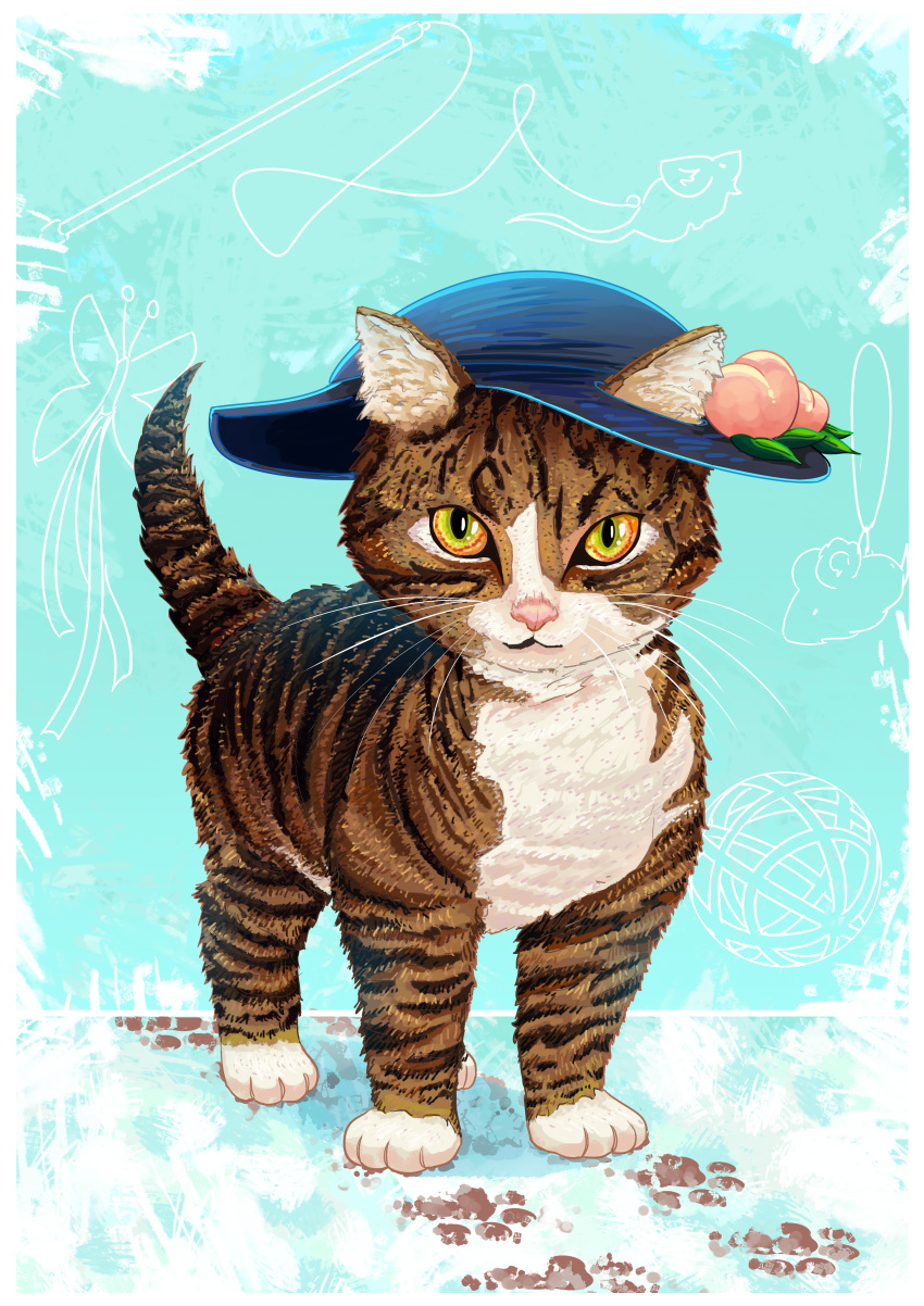 absurdres animal animal_focus black_headwear blue_background brown_cat brown_fur cat closed_mouth commission commissioner_upload diathadevil full_body hat highres leaf_hat_ornament looking_at_viewer multicolored_cat no_humans non-web_source original peach_hat_ornament real_life short_tail simple_background standing striped_fur whiskers white_fur yellow_eyes