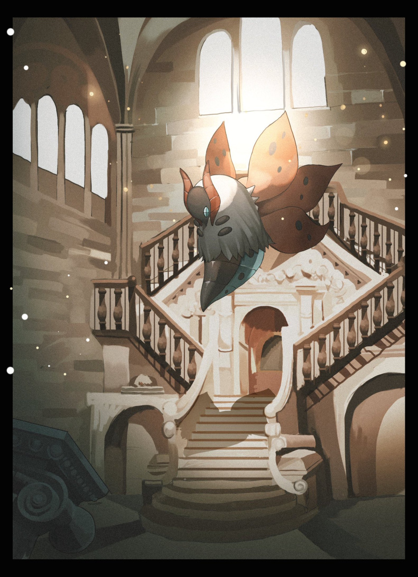 animal_focus black_border blue_eyes border brick_wall bug commentary_request cross-shaped_pupils floating highres indoors moth multiple_wings no_humans pokemon pokemon_(creature) reo_(mmocc123) ruins solo stairs sunlight symbol-shaped_pupils volcarona window wings