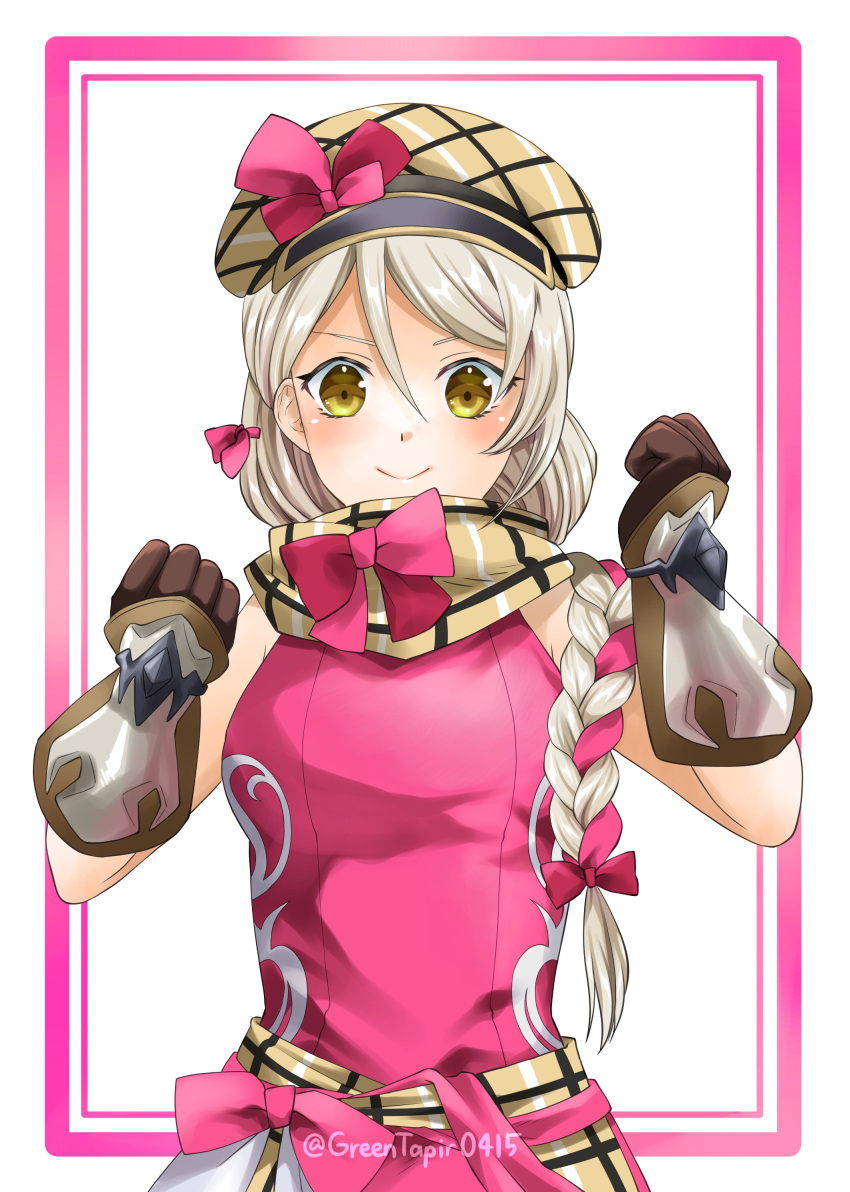1girl absurdres beret border bow brown_headwear brown_scarf commentary_request dress fire_emblem fire_emblem_engage framme_(fire_emblem) hat highres midori_no_baku pink_border pink_bow pink_dress scarf sleeveless sleeveless_dress smile solo upper_body white_background yellow_eyes