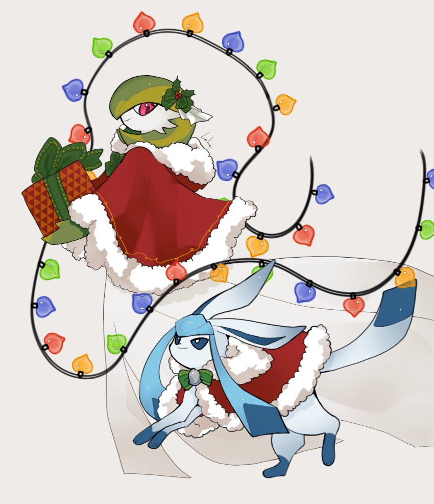 absurdres animal_focus bell blue_eyes bow box bright_pupils capelet christmas christmas_lights commentary fur-trimmed_capelet fur_trim gardevoir gift gift_box glaceon green_bow grey_background hair_bow hair_ornament highres holding holding_box holding_gift holly holly_hair_ornament lole_pokemon looking_at_another neck_bell no_humans pokemon pokemon_(creature) red_capelet red_eyes santa_capelet santa_costume signature simple_background smile string_lights walking white_pupils