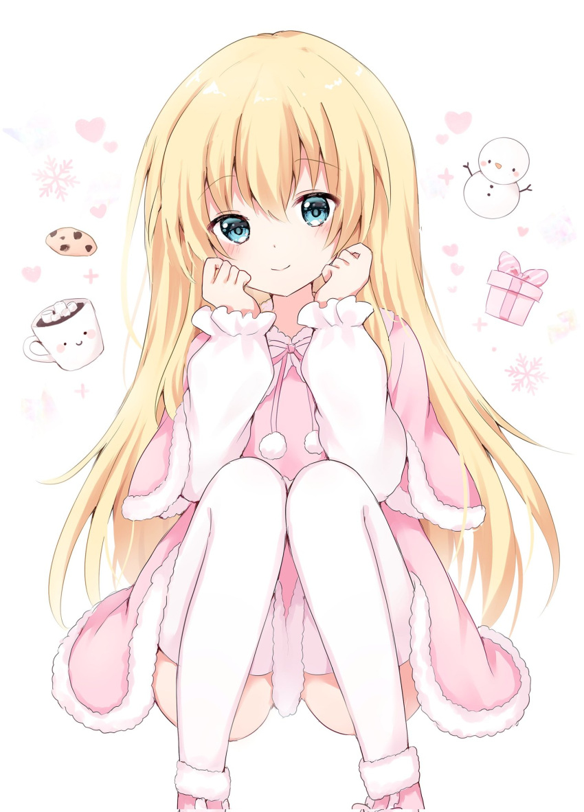 1girl blonde_hair blue_eyes capelet coffee_mug cookie cup food fur_trim hands_on_own_cheeks hands_on_own_face highres kokoshira_0510 long_hair looking_at_viewer mug original pink_capelet pink_footwear pink_skirt shirt shoes sitting skirt smile snowman solo thigh-highs white_shirt white_thighhighs