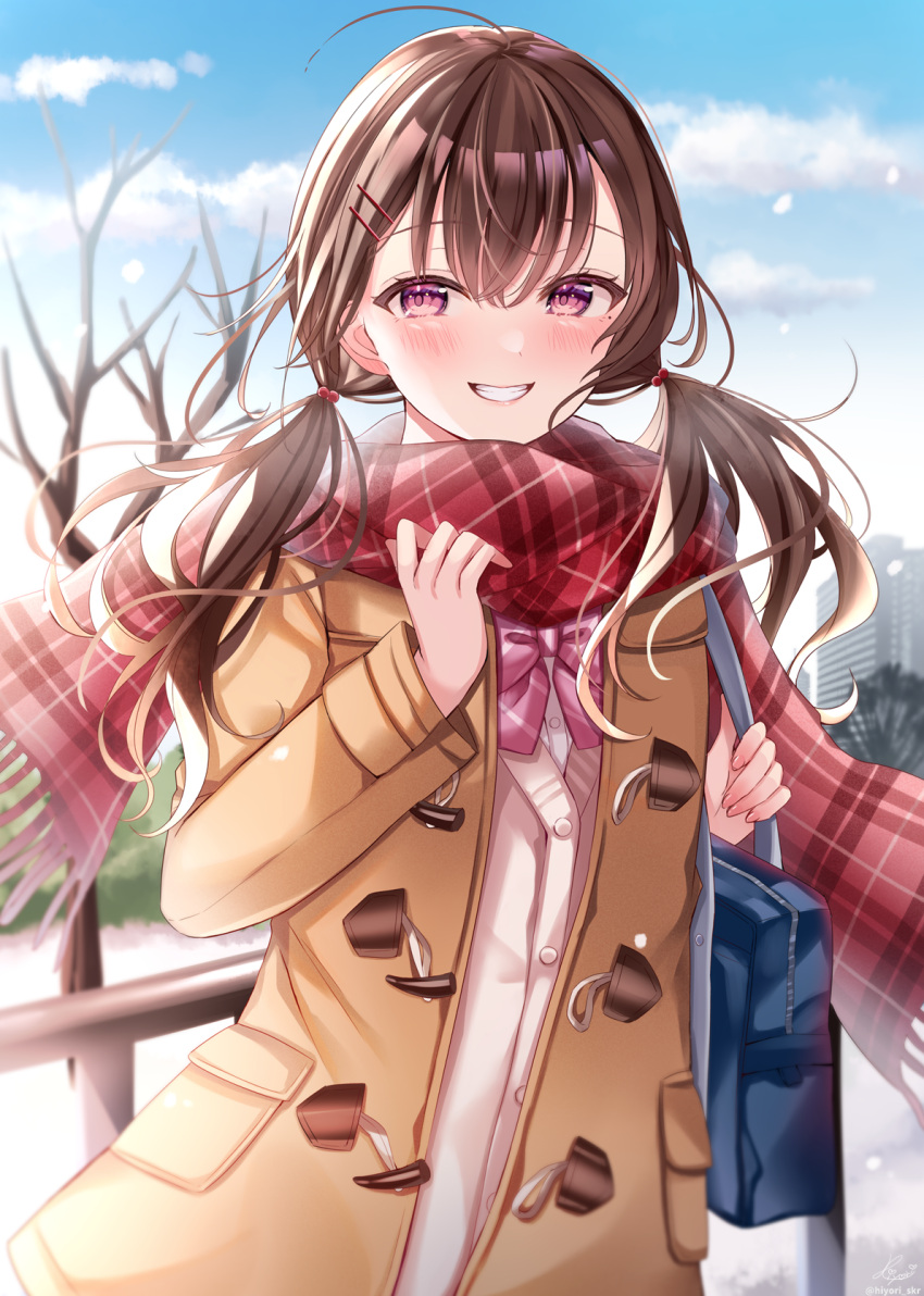 1girl ahoge bag bare_tree blue_sky bow brown_coat brown_hair cardigan clouds coat commentary_request day diagonal-striped_bow diagonal_stripes fence fringe_trim grin hair_between_eyes hair_ornament hairclip hands_up highres long_hair long_sleeves looking_at_viewer low_twintails open_clothes open_coat original outdoors pink_bow plaid plaid_scarf red_scarf sakura_hiyori scarf school_bag school_uniform shirt sky smile snow solo striped tree twintails violet_eyes white_cardigan white_shirt
