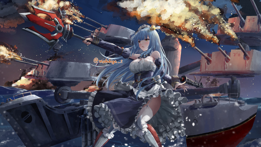 1girl absurdres apron arm_up armored_boots azur_lane bare_shoulders blue_dress blue_eyes blush boots breasts cannon commentary_request detached_sleeves dress facing_viewer firing frilled_dress frills highres holding holding_trident holding_weapon knee_boots large_breasts legs_apart long_hair looking_ahead maid_headdress makihige medium_breasts neptune_(azur_lane) night ocean open_mouth outdoors outstretched_arm rigging serious shell_hair_ornament signature solo splashing standing standing_on_liquid thigh-highs turret upskirt very_long_hair waist_apron waves weapon white_apron yellow_eyes