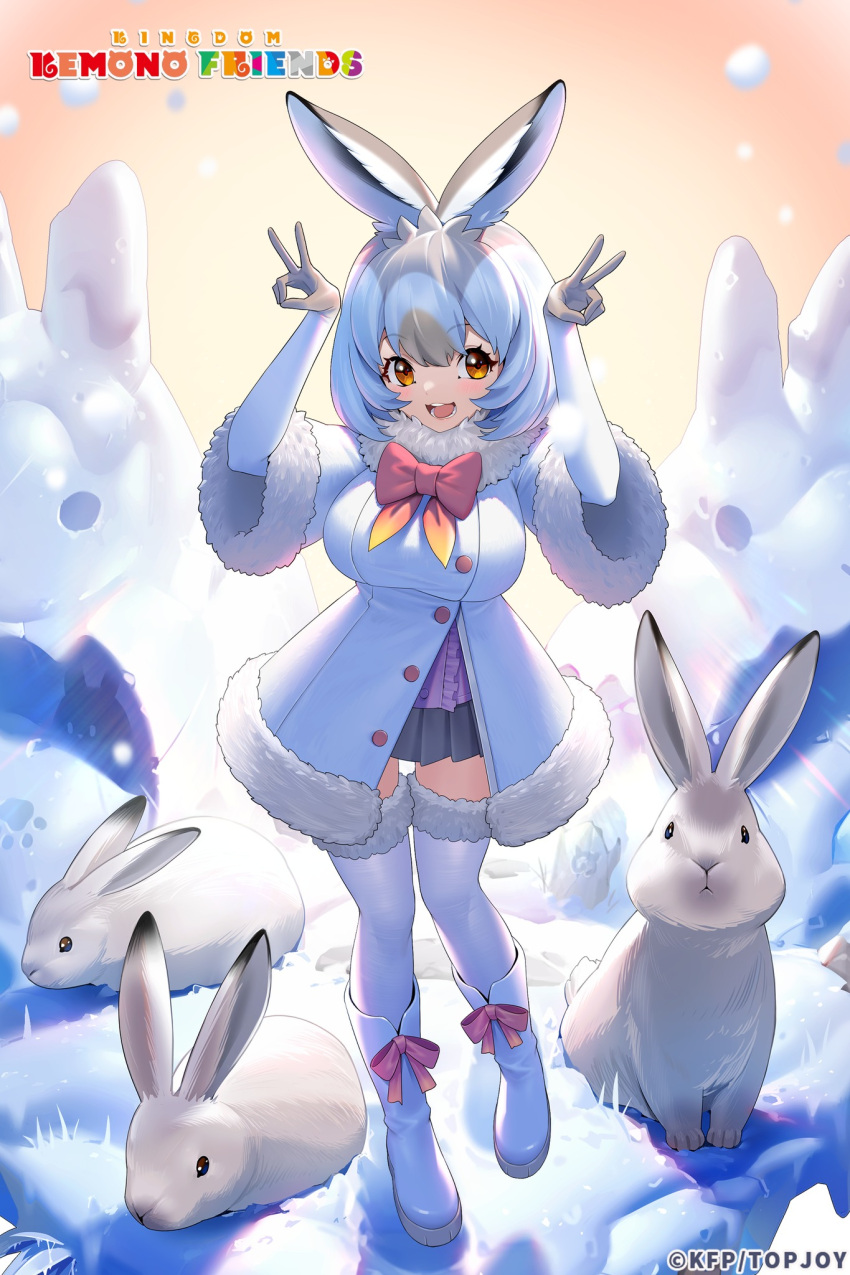 1girl animal animal_ears boots bow bowtie coat copyright_name elbow_gloves extra_ears gloves highres kemono_friends kemono_friends_kingdom looking_at_viewer mountain_hare_(kemono_friends) official_art outdoors rabbit rabbit_ears rabbit_girl red_eyes short_hair skirt snow snowman thigh-highs white_hair