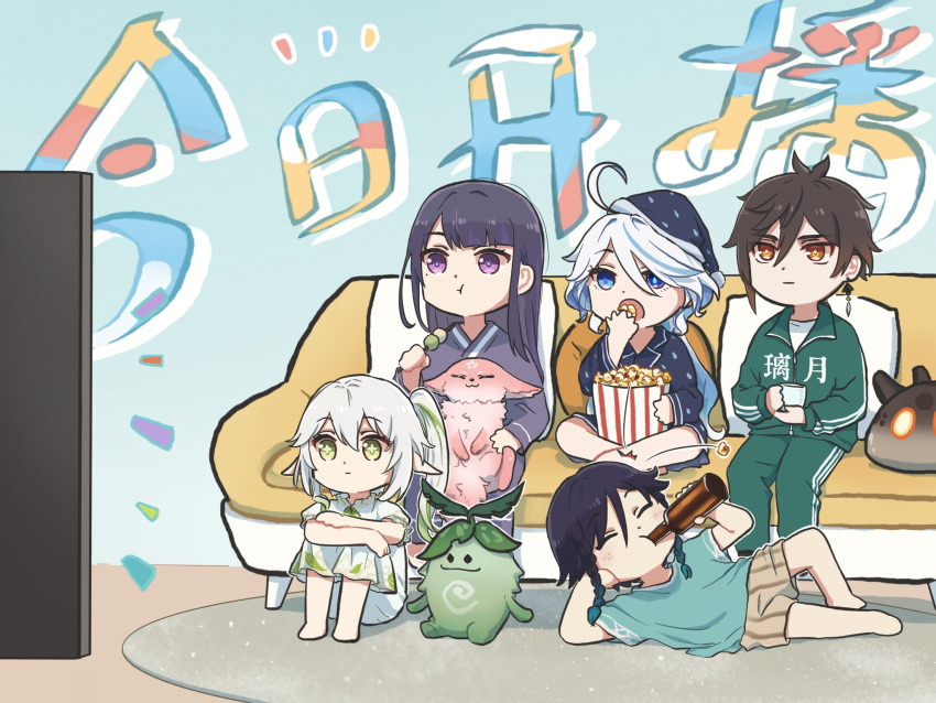 2boys 3girls :t ahoge arm_support barefoot black_hair blue_eyes blue_hair bottle brown_eyes brown_hair chibi closed_eyes closed_mouth cross-shaped_pupils cup drinking eating elbow_rest food furina_(genshin_impact) genshin_impact green_hair grey_hair hair_between_eyes hand_on_own_cheek hand_on_own_face head_rest highres holding holding_bottle holding_cup indoors jacket knees_up long_hair long_sleeves looking_at_object lying motion_lines multicolored_hair multiple_boys multiple_girls nahida_(genshin_impact) nightgown on_side open_mouth pajamas pants parted_bangs popcorn purple_hair raiden_shogun short_hair side_ponytail sitting slime_(genshin_impact) symbol-shaped_pupils television track_jacket track_pants track_suit two-tone_hair venti_(genshin_impact) violet_eyes watching_television white_hair xinzoruo yae_miko yae_miko_(fox) zhongli_(genshin_impact)