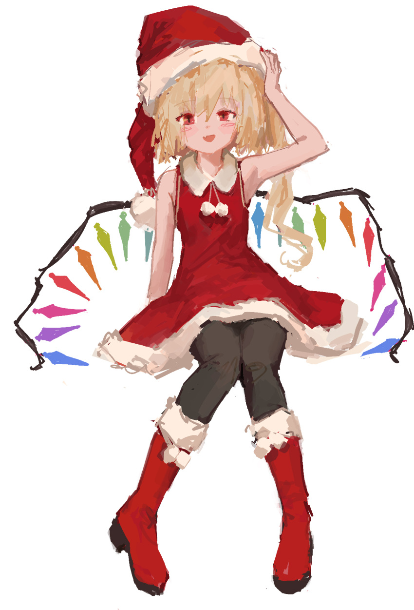 1girl bare_shoulders blonde_hair boots dress fang flandre_scarlet full_body fur-trimmed_dress fur-trimmed_headwear fur_trim hair_between_eyes hat highres long_hair looking_at_viewer multicolored_wings one_side_up open_mouth pantyhose red_dress red_eyes red_footwear red_nails reddizen santa_boots santa_costume santa_dress santa_hat simple_background sleeveless smile solo touhou white_background wings