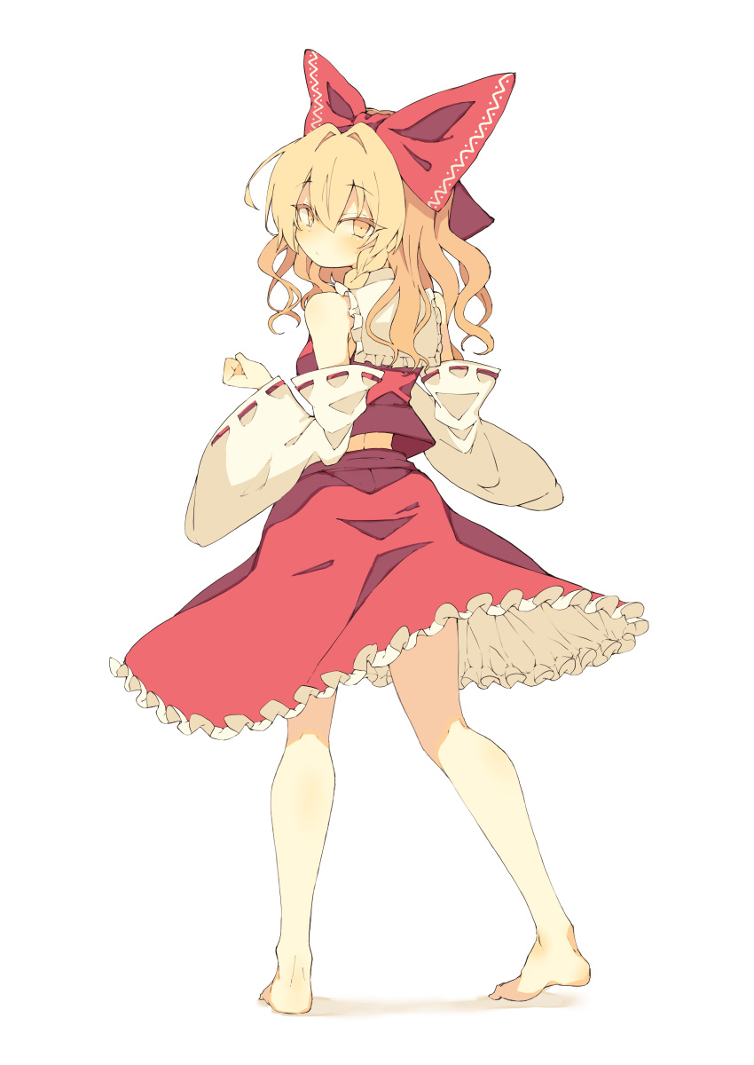 1girl absurdres bare_shoulders barefoot blonde_hair blush bow braid closed_mouth collar colored_eyelashes commentary cosplay detached_sleeves double-parted_bangs eyelashes frilled_shirt_collar frilled_skirt frills from_behind full_body hair_between_eyes hair_bow hair_intakes hakurei_reimu hakurei_reimu_(cosplay) hand_up highres huge_bow japanese_clothes kirisame_marisa long_hair long_sleeves looking_at_viewer looking_back miko red_bow red_ribbon red_skirt red_vest ribbon ribbon-trimmed_sleeves ribbon_trim seika_okawari simple_background single_braid skirt solo standing touhou tsurime vest wavy_hair white_background white_collar white_sleeves wide_sleeves yellow_eyes