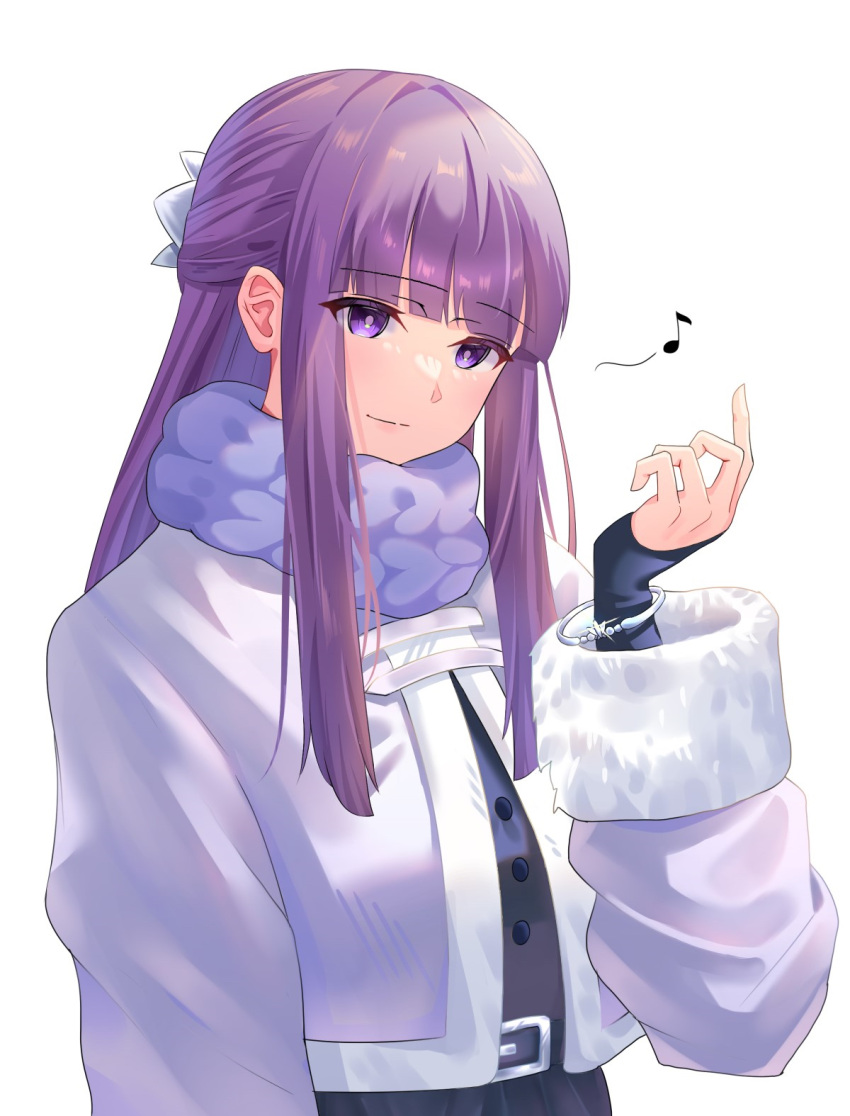 1girl blunt_bangs bracelet closed_mouth coat fern_(sousou_no_frieren) fur-trimmed_sleeves fur_trim hair_ornament hand_up highres jewelry light_smile long_hair long_sleeves looking_at_viewer musical_note purple_hair purple_scarf scarf simple_background solo sousou_no_frieren spoken_musical_note upper_body uyufuzi_s violet_eyes white_background white_coat