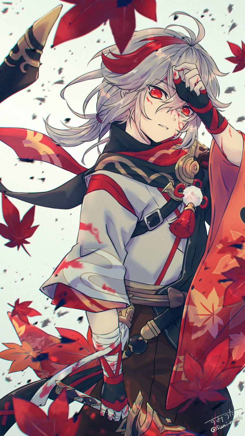 1boy absurdres autumn_leaves black_gloves blood blood_on_face blood_on_hands brown_hakama buckle fingerless_gloves genshin_impact gloves grey_background grey_hair hair_between_eyes hakama haori highres japanese_clothes kaedehara_kazuha kimono leaf long_hair long_sleeves looking_at_viewer low_ponytail male_focus maple_leaf multicolored_hair red_eyes redhead scarf signature solo sumi_noth two-tone_hair white_kimono wide_sleeves