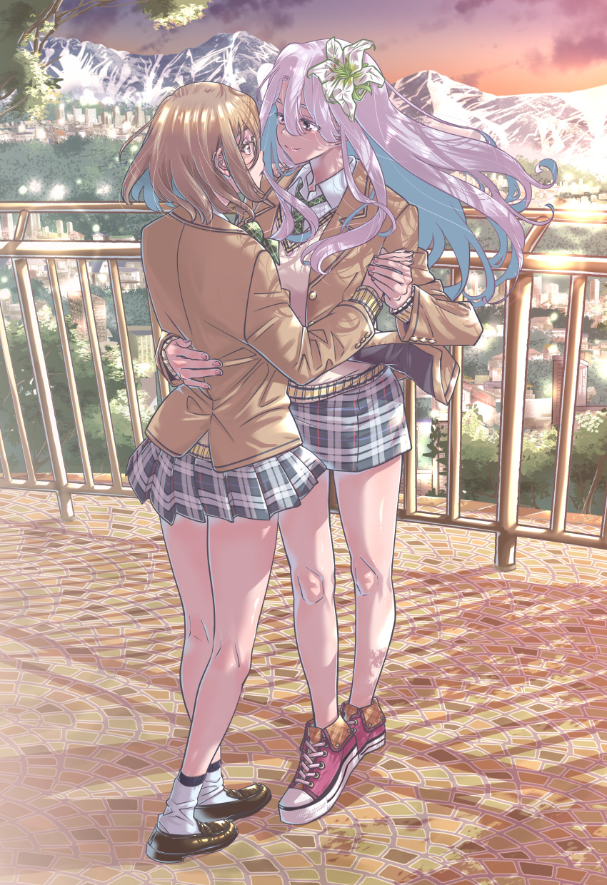 2girls absurdres blazer brown_eyes checkered_clothes checkered_skirt clouds evening eye_contact fence flower grey_hair hair_flower hair_ornament highres holding_hands jacket light_brown_hair lily_(flower) lips long_hair looking_at_another maruta_dojo medium_hair mountain multiple_girls necktie original outdoors school_uniform shadow shoes skirt sky smile sneakers socks town tree twilight violet_eyes white_socks yuri