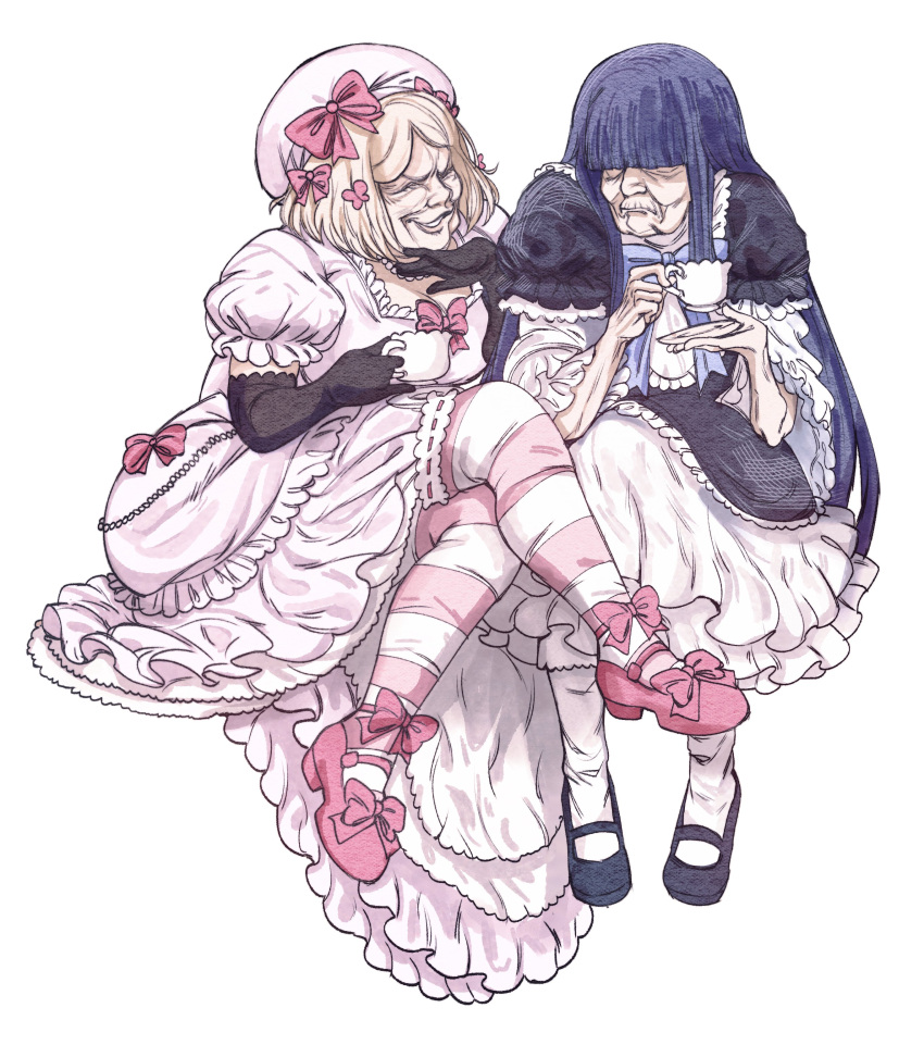 2girls absurdres aged_up beret black_gloves blonde_hair blue_hair bow crossed_legs cup dress elbow_gloves evil_smile footwear_bow frederica_bernkastel frilled_dress frilled_thighhighs frills full_body gloves hair_ornament hair_over_eyes hat highres holding holding_cup holding_saucer invisible_chair juliet_sleeves katrinciart lambdadelta long_hair long_sleeves mary_janes medium_hair multiple_girls ojou-sama_pose parted_bangs pink_bow pink_dress pink_headwear puffy_sleeves ribbon saucer shoes simple_background sitting smile straight_hair thigh-highs umineko_no_naku_koro_ni white_background wrinkled_skin