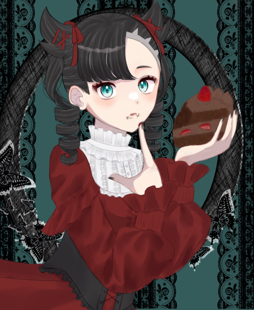 1girl asymmetrical_bangs black_hair black_nails bug butterfly cake chocolate_cake commentary_request dress drill_hair eyelashes food frills green_background green_eyes hair_horns hanme_0227 highres holding holding_food licking_lips looking_at_viewer marnie_(pokemon) medium_hair pokemon pokemon_swsh puffy_sleeves red_dress solo tongue tongue_out twin_drills twintails upper_body