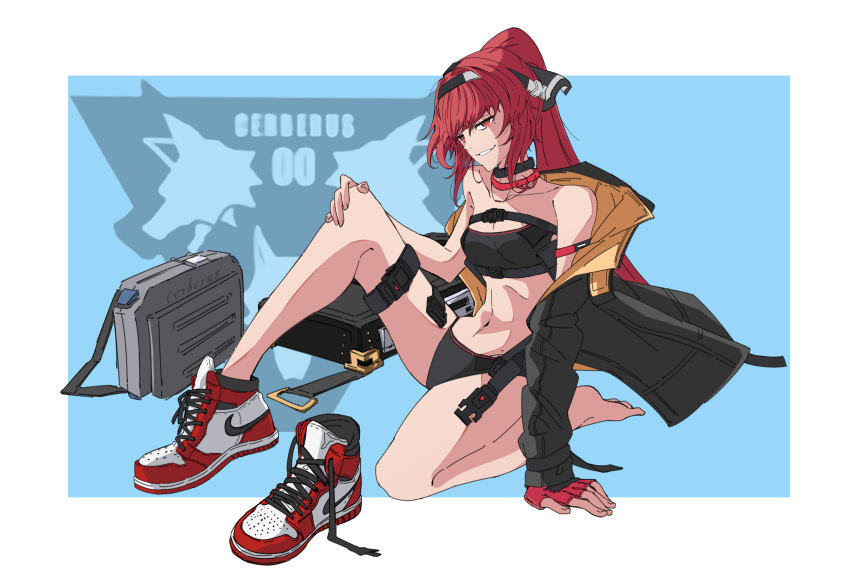 1036692563 1girl absurdres black_hairband black_jacket black_panties black_tank_top commentary_request hairband highres jacket long_hair long_sleeves panties ponytail punishing:_gray_raven red_eyes redhead shoes sidelocks sneakers solo tank_top thigh_pouch two-sided_fabric two-sided_jacket underwear vera_(punishing:_gray_raven) yellow_jacket