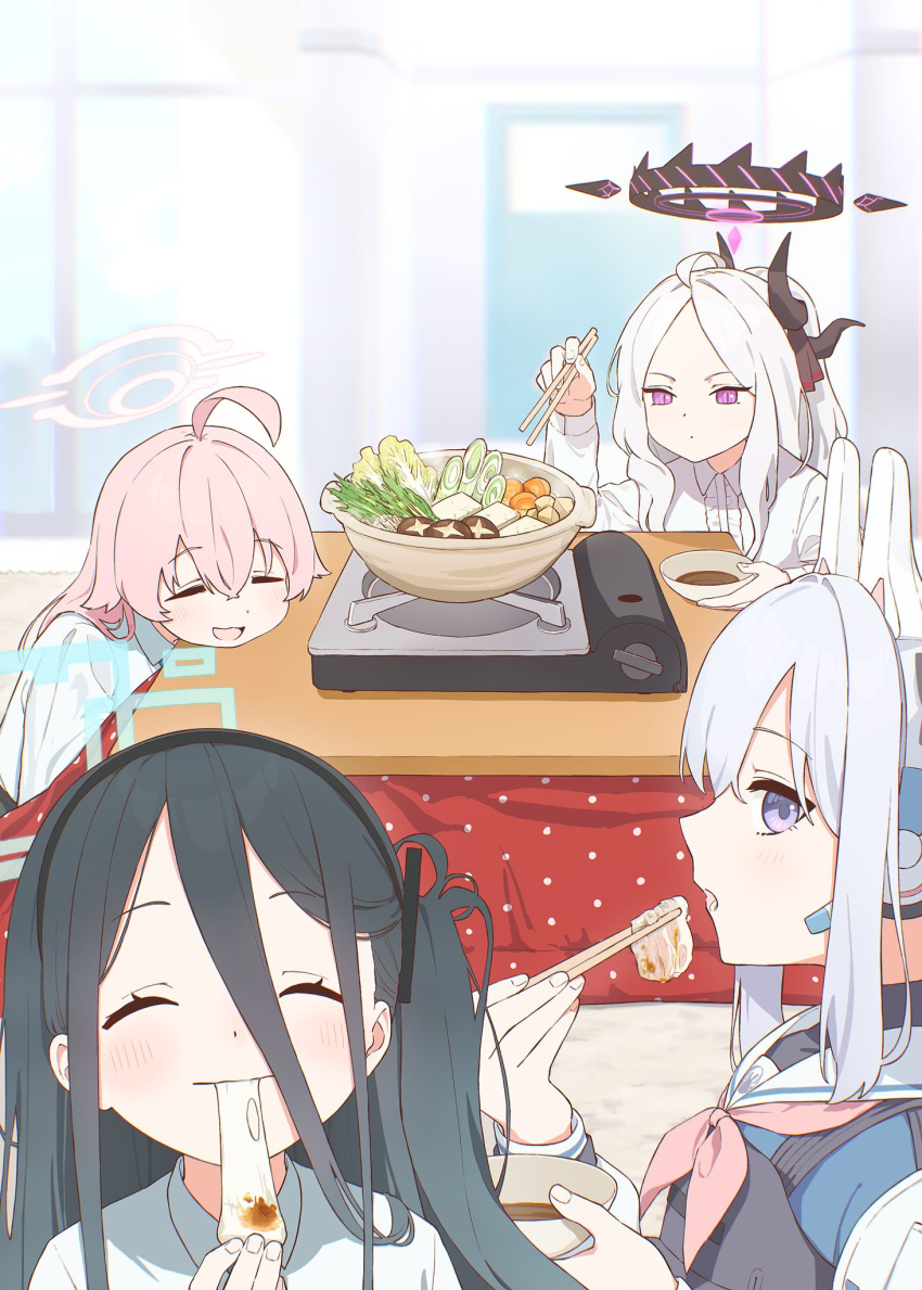 4girls ahoge animal_ears aris_(blue_archive) black_hair black_horns blue_archive blush bowl chopsticks closed_eyes collared_shirt demon_horns earpiece eating fake_animal_ears food_request hair_between_eyes halo highres hina_(blue_archive) holding holding_bowl holding_chopsticks horns hoshino_(blue_archive) hotpot indoors kotatsu long_hair long_sleeves looking_at_another miyako_(blue_archive) multiple_girls multiple_horns neckerchief nem_rui open_mouth parted_bangs pink_hair pink_neckerchief portable_stove rabbit_ears sailor_collar shirt sidelocks table upper_body very_long_hair violet_eyes white_hair white_sailor_collar white_shirt
