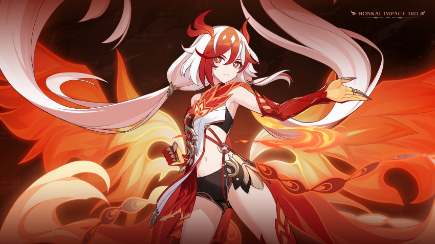 1girl animal_hands bare_shoulders belly black_shorts black_sports_bra chinese_clothes claws detached_sleeves elbow_gloves eyeliner feathers fire fu_hua fu_hua_(fenghuang_of_vicissitude) gloves hair_between_eyes highres honkai_(series) honkai_impact_3rd long_hair low-tied_long_hair low_twintails makeup multicolored_hair official_art official_wallpaper red_eyeliner red_eyes red_gloves red_rope red_scales redhead rope scales shorts solo sports_bra sportswear streaked_hair symbol-shaped_pupils tail twintails two-tone_hair very_long_hair white_hair wings yellow_pupils