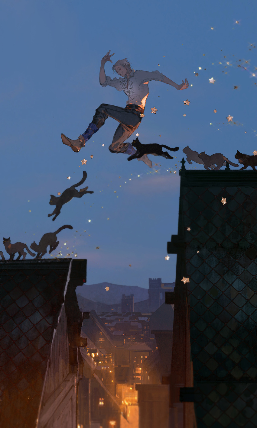 1boy animal astarion baldur's_gate baldur's_gate_3 black_cat black_pants blue_sky brown_footwear building cat city city_lights cityscape dungeons_and_dragons elf evening frilled_shirt frills from_side grin highres ibuki_satsuki jumping looking_back male_focus midair mountainous_horizon on_rooftop outdoors pants pointy_ears red_eyes rooftop scenery shirt shoes short_hair sky smile solo sparkle star_(symbol) white_hair white_shirt wide_shot