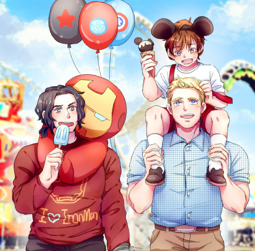 3boys aged_down amusement_park animal_ears animification balloon belt black_hair blonde_hair blue_eyes blue_shirt blue_sky blurry blurry_background blush brown_belt brown_eyes brown_footwear brown_hair brown_pants buttons carrying character_doll character_print child clothes_writing clouds cloudy_sky collared_shirt day doll fake_animal_ears ferris_wheel fingernails food hand_up hands_up heart heart_print highres holding holding_food holding_ice_cream ice_cream iron_man james_buchanan_barnes long_sleeves looking_at_another looking_down looking_up male_focus marvel marvel_cinematic_universe mickey_mouse_ears mouse_ears multiple_boys open_mouth outdoors pants plaid plaid_shirt pocket prosthesis prosthetic_arm red_shirt red_shorts shirt shoes short_hair shorts shoulder_carry sitting sky smile socks standing star_(symbol) star_print steve_rogers suspender_shorts suspenders t-shirt teeth tongue tony_stark white_shirt white_socks wodeyongheng