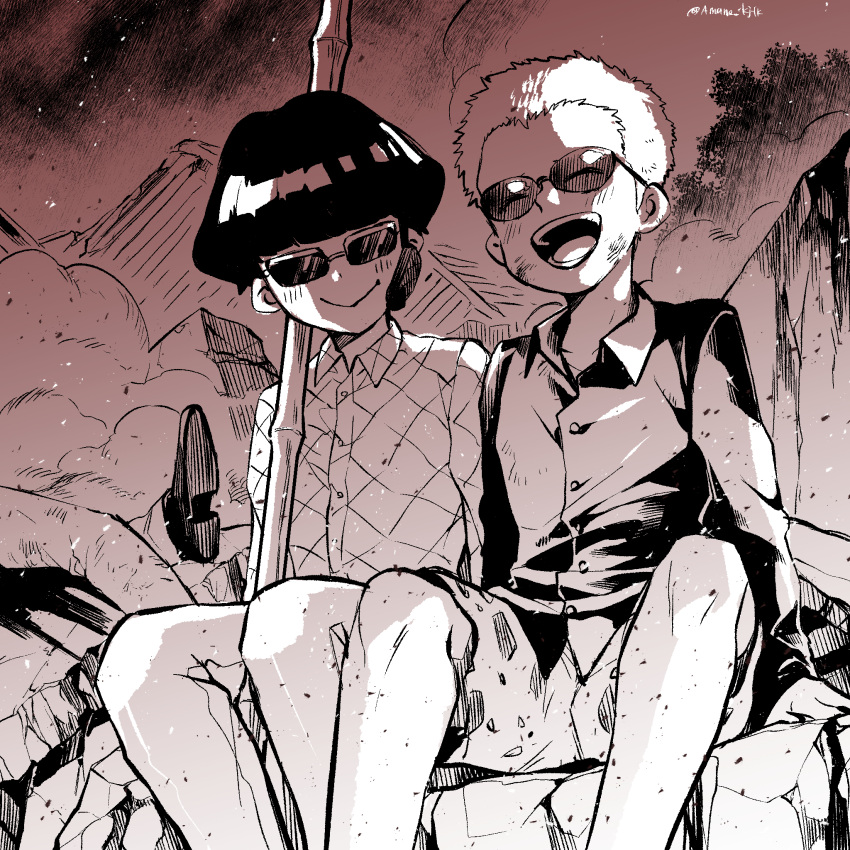 2boys :&gt; aged_down amane_(yukiango69) arm_support bamboo_staff blush bowl_cut buttons collarbone collared_shirt corpse donquixote_doflamingo happy highres holding holding_staff male_focus monochrome multiple_boys one_piece open_mouth outdoors pants rubble shirt short_hair shorts signature sitting staff sunglasses teeth vergo