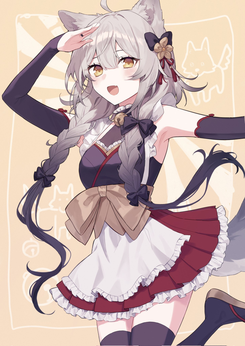 1girl :d ahoge animal_ears bell black_thighhighs bow braid check_copyright copyright_request detached_sleeves dog_ears dog_girl dog_tail fang grey_hair greyscale hair_bow hair_ornament hand_over_face highres jingle_bell monochrome neck_bell original pleated_skirt red_skirt skirt smile solo tail thigh-highs twin_braids yasaiseicat yellow_eyes
