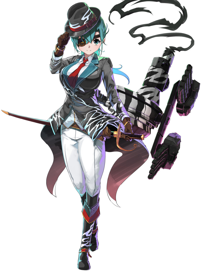 1girl absurdres alternate_costume aqua_eyes aqua_hair boots breasts eyepatch gegeron grey_headwear grey_jacket hat highres holding holding_sword holding_weapon jacket kantai_collection kiso_(kancolle) kiso_kai_ni_(kancolle) large_breasts necktie pants red_necktie rigging saber_(weapon) scabbard sheath shirt smokestack solo sword weapon white_pants white_shirt