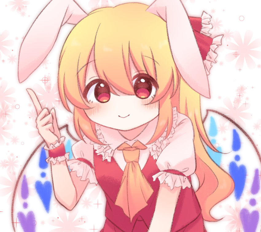1girl alternate_hair_length alternate_hairstyle animal_ears ascot blonde_hair blush closed_mouth collared_shirt flandre_scarlet frilled_shirt_collar frills hair_between_eyes highres index_finger_raised light_smile long_hair looking_at_viewer multicolored_wings no_headwear pink_background puffy_short_sleeves puffy_sleeves rabbit_ears red_eyes red_ribbon red_skirt red_vest ribbon shihara_hazuki_816 shirt short_sleeves simple_background skirt sleeve_ribbon solo touhou upper_body vest white_shirt wings wrist_cuffs yellow_ascot
